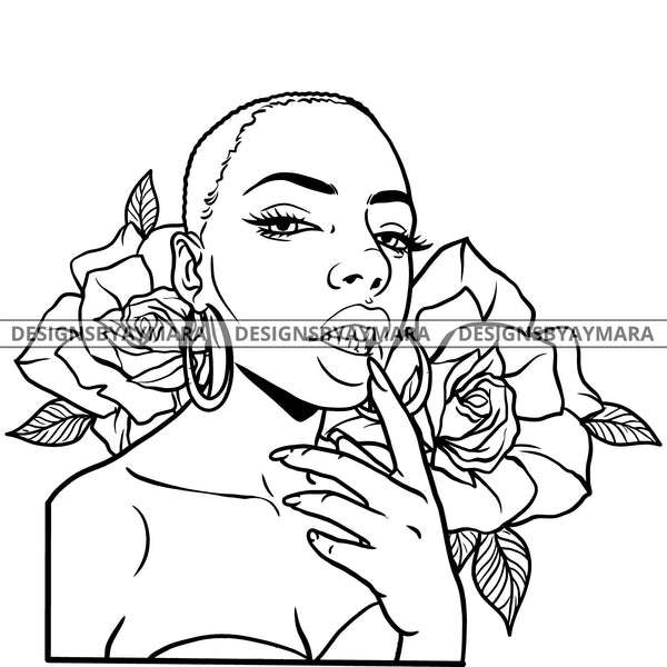 Afro Girl Babe Flowers Kissable Sexy Lips Short Hairstyle B/W SVG JPG PNG Vector Clipart Cricut Silhouette Cut Cutting