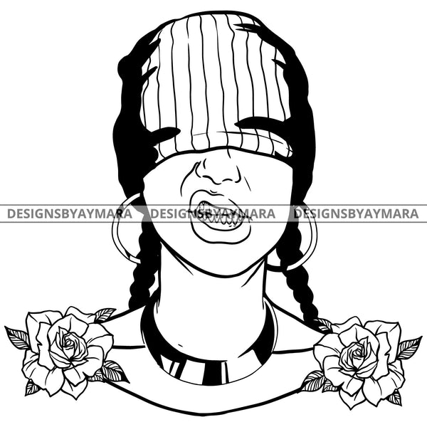 Afro Girl Babe Flowers Ghetto Hipster Headband Covering Eyes Braids Hairstyle B/W SVG JPG PNG Vector Clipart Cricut Silhouette Cut Cutting