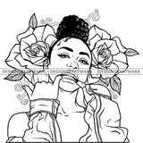 Afro Girl Babe Flowers Ghetto Hipster Up Do Hairstyle B/W SVG JPG PNG Vector Clipart Cricut Silhouette Cut Cutting