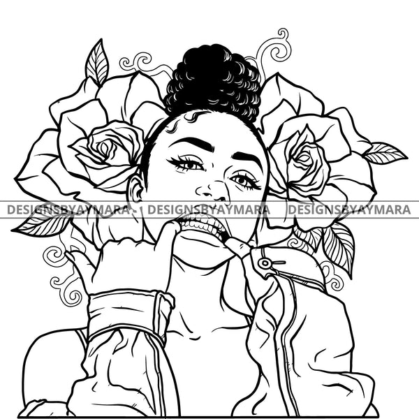 Afro Girl Babe Flowers Ghetto Hipster Up Do Hairstyle B/W SVG JPG PNG Vector Clipart Cricut Silhouette Cut Cutting