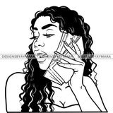 Afro Black Woman Long Hair Cash Dollar Bills Holding Money B/W SVG JPG PNG Vector Clipart Cricut Silhouette Cut Cutting