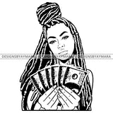 Afro Black Woman Long Dreadlocks Cash Dollar Bills Holding Money B/W SVG JPG PNG Vector Clipart Cricut Silhouette Cut Cutting