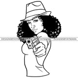 Afro Badass Gun Hat Gangster Woman Puffy Afro Hairstyle B/W SVG JPG PNG Vector Clipart Cricut Silhouette Cut Cutting