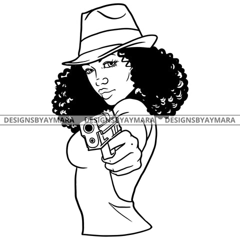 Afro Badass Gun Hat Gangster Woman Puffy Afro Hairstyle B/W SVG JPG PNG Vector Clipart Cricut Silhouette Cut Cutting