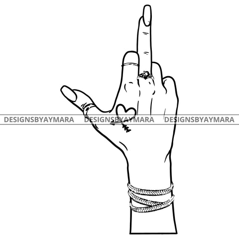 Afro Black Woman Middle Finger F*** Heart Tattoo Rings Bracelets Single Hand B/W SVG JPG PNG Vector Clipart Cricut Silhouette Cut Cutting