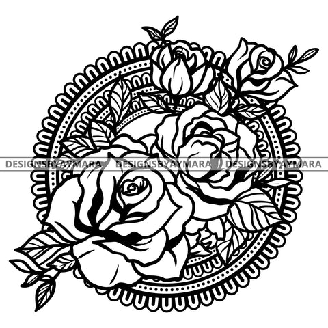 Beautiful Lovely Mandala Petal Roses B/W SVG JPG PNG Vector Clipart Cricut Silhouette Cut Cutting