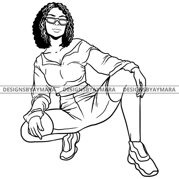 Afro Latina Confident Sexy Babe Sunglasses Curly Hairstyle B/W SVG JPG PNG Vector Clipart Cricut Silhouette Cut Cutting