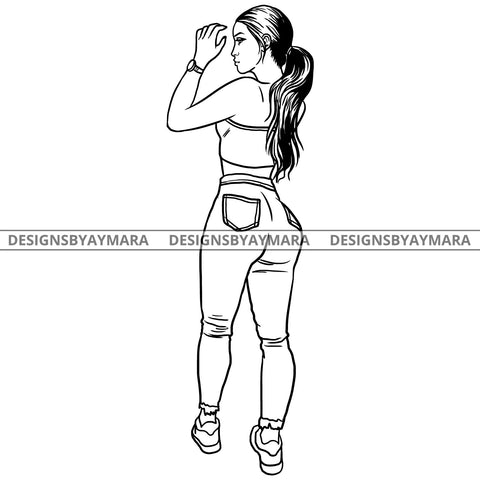 Afro Latina Sexy Babe Curvy Ponytail Hairstyle B/W SVG JPG PNG Vector Clipart Cricut Silhouette Cut Cutting