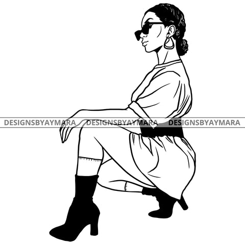 Afro Latina Sexy Babe Sunglasses Earrings Chic Fashion Style B/W SVG JPG PNG Vector Clipart Cricut Silhouette Cut Cutting