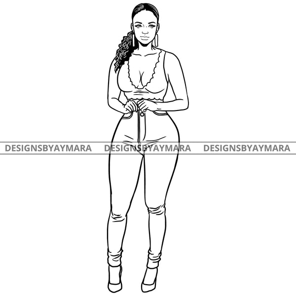 Afro Latina Sexy Babe Curvy Bamboo Earrings Ponytail Hairstyle B/W SVG JPG PNG Vector Clipart Cricut Silhouette Cut Cutting