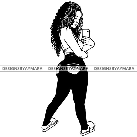 Afro Latina Sexy Babe Cellphone Selfie Casual Clothing B/W SVG JPG PNG Vector Clipart Cricut Silhouette Cut Cutting