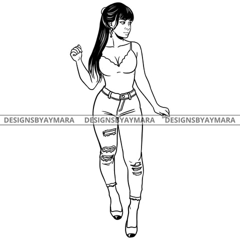 Afro Latina Sexy Babe Cool Attitude Long Hairstyle B/W SVG JPG PNG Vector Clipart Cricut Silhouette Cut Cutting