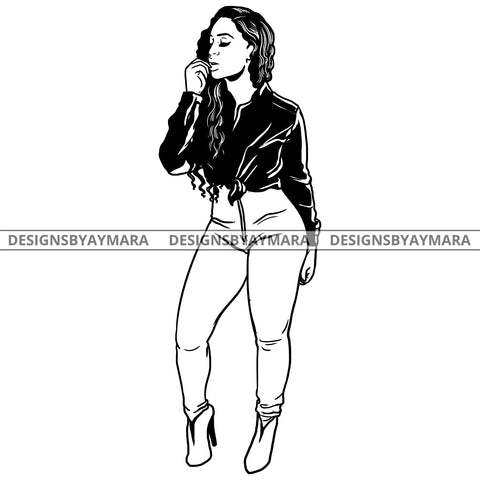 Afro Latina Sexy Babe Long Sleeve Wavy Hairstyle B/W SVG JPG PNG Vector Clipart Cricut Silhouette Cut Cutting