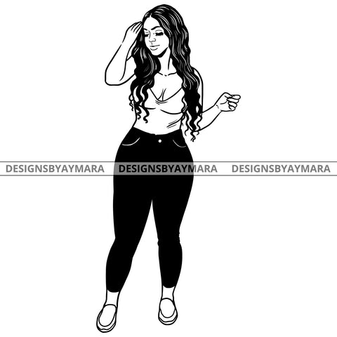 Afro Latina Sexy Babe Happy Curvy Long Wavy Hairstyle B/W SVG JPG PNG Vector Clipart Cricut Silhouette Cut Cutting