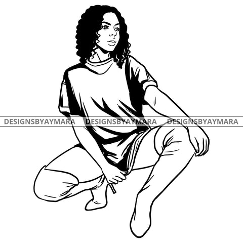 Afro Latina Confident Sexy Babe Curly Hairstyle B/W SVG JPG PNG Vector Clipart Cricut Silhouette Cut Cutting