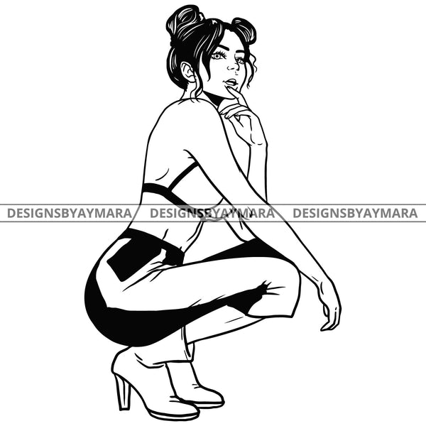 Sexy Latina Babe Bantu Knots Hairstyle B/W SVG JPG PNG Vector Clipart Cricut Silhouette Cut Cutting