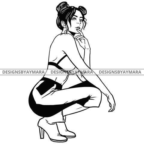 Sexy Latina Babe Bantu Knots Hairstyle B/W SVG JPG PNG Vector Clipart Cricut Silhouette Cut Cutting