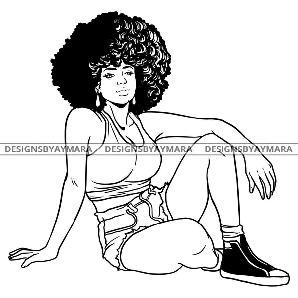 Afro Beauty Queen Sitting Puffy Afro Hairstyle B/W SVG JPG PNG Vector Clipart Cricut Silhouette Cut Cutting