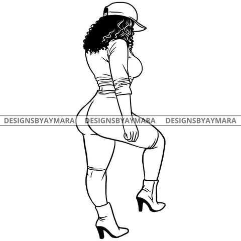 Afro Sexy Babe Curvy Baseball Cap Long Curly Hairstyle B/W SVG JPG PNG Vector Clipart Cricut Silhouette Cut Cutting