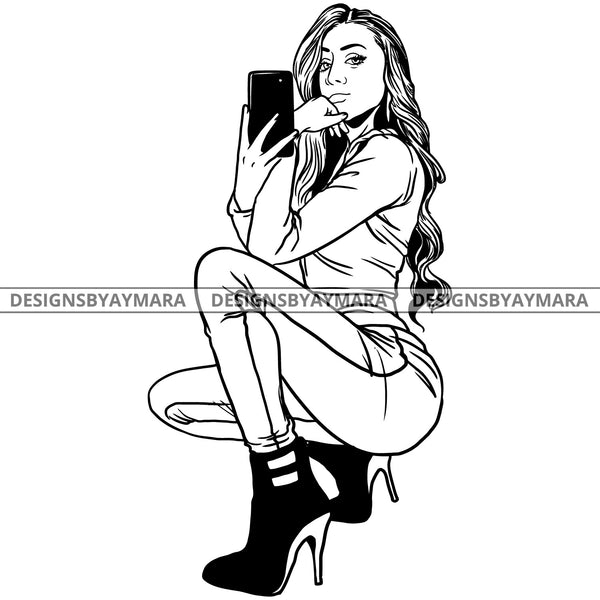 Sexy Latina Babe Cellphone Selfie Long Wavy Hairstyle B/W SVG JPG PNG Vector Clipart Cricut Silhouette Cut Cutting