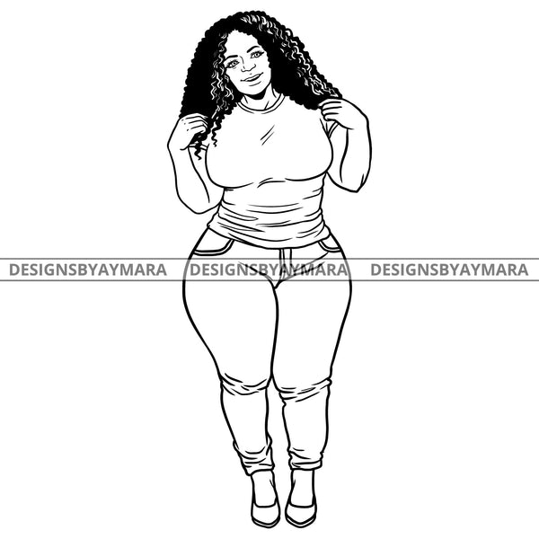 Afro Sexy Babe Curvy Bodacious Long Curly Hair B/W SVG JPG PNG Vector Clipart Cricut Silhouette Cut Cutting