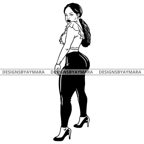 Afro Sexy Curvy Beauty Queen Ponytail Hairstyle B/W SVG JPG PNG Vector Clipart Cricut Silhouette Cut Cutting