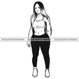 Afro Sexy Curvy Beauty Woman Activewear Clothing Long Straight Hairstyle B/W SVG JPG PNG Vector Clipart Cricut Silhouette Cut Cutting