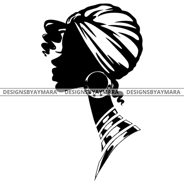 Afro Queen Woman Head Black Silhouette Scarf Headband Hoop Earrings Choker B/W SVG JPG PNG Vector Clipart Cricut Silhouette Cut Cutting