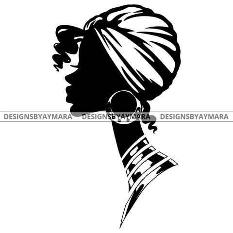 Afro Queen Woman Head Black Silhouette Scarf Headband Hoop Earrings Choker B/W SVG JPG PNG Vector Clipart Cricut Silhouette Cut Cutting