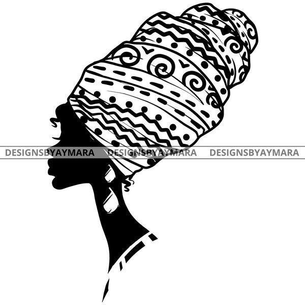Afro Queen Woman Head Black Silhouette Gorgeous Hair Turban Long Earrings B/W SVG JPG PNG Vector Clipart Cricut Silhouette Cut Cutting