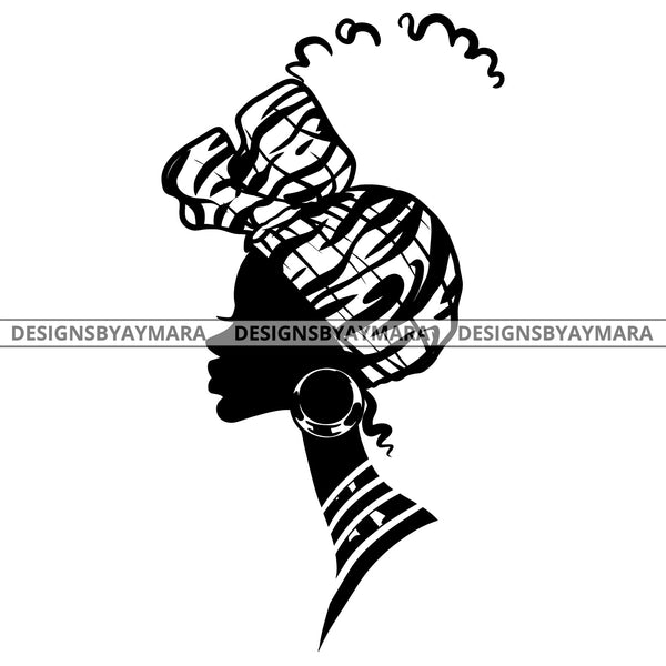 Afro Queen Woman Head Black Silhouette Head Wrap Hoop Earrings Choker B/W SVG JPG PNG Vector Clipart Cricut Silhouette Cut Cutting