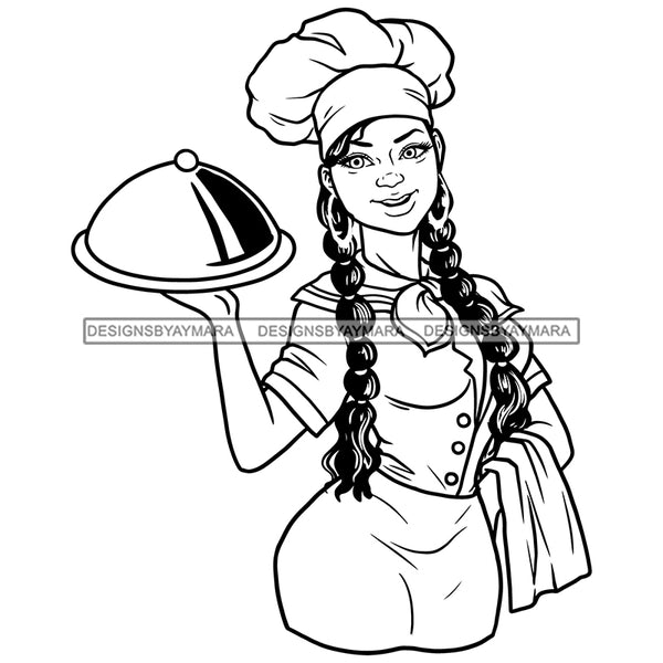 Afro Lola Woman Chef Gourmet Holding Domed Serving Long Braids Hairstyle B/W SVG JPG PNG Vector Clipart Cricut Silhouette Cut Cutting
