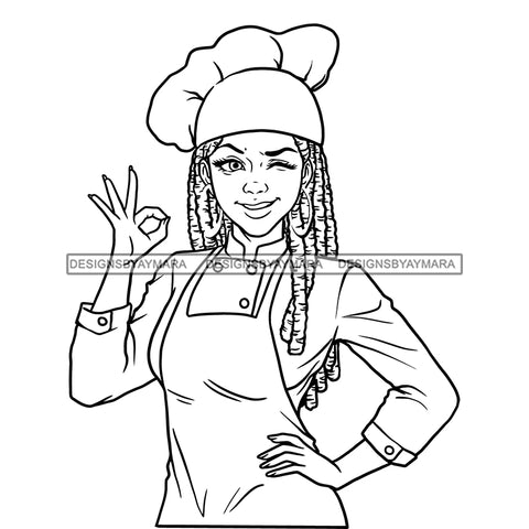 Afro Lola Sexy Woman Chef Winking Gourmet Cuisine Dreadlocks Hairstyle B/W SVG JPG PNG Vector Clipart Cricut Silhouette Cut Cutting