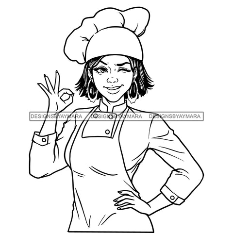 Afro Lola Sexy Woman Chef Winking Gourmet Cuisine Bamboo Hoop Earrings B/W SVG JPG PNG Vector Clipart Cricut Silhouette Cut Cutting