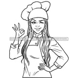 Afro Latina Sexy Woman Chef Winking Gourmet Cuisine Long Wavy Hairstyle B/W SVG JPG PNG Vector Clipart Cricut Silhouette Cut Cutting