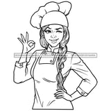 Afro Sexy Woman Chef Winking Gourmet Cuisine Long Braids Hairstyle B/W SVG JPG PNG Vector Clipart Cricut Silhouette Cut Cutting