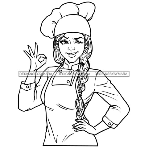 Afro Sexy Woman Chef Winking Gourmet Cuisine Long Braids Hairstyle B/W SVG JPG PNG Vector Clipart Cricut Silhouette Cut Cutting