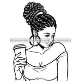 Afro Lola Drinking Coffee Smiling Bamboo Hoop Earrings Updo Braids Hairstyle B/W SVG JPG PNG Vector Clipart Cricut Silhouette Cut Cutting