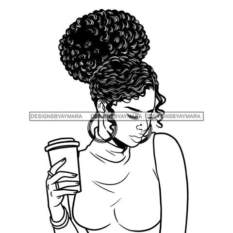 Afro Lola Drinking Coffee Sad Bamboo Hoop Earrings Updo Puffy Afro Hairstyle B/W SVG JPG PNG Vector Clipart Cricut Silhouette Cut Cutting