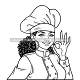 Afro Chef Woman Happy Smile Toque Hat Gourmet Food Hoop Earrings Curly Hair B/W SVG JPG PNG Vector Clipart Cricut Silhouette Cut Cutting