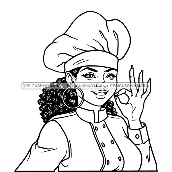 Afro Chef Woman Happy Smile Toque Hat Gourmet Food Hoop Earrings Curly Hair B/W SVG JPG PNG Vector Clipart Cricut Silhouette Cut Cutting