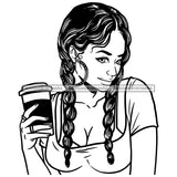 Afro Lola Drinking Coffee Relax Life Hoop Earrings Braids Hairstyle B/W SVG JPG PNG Vector Clipart Cricut Silhouette Cut Cutting