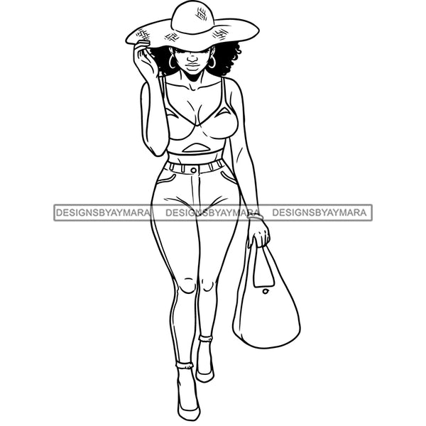 Black Girl Magic Walking Modern Big Hat Tote Bag Trendy Style B/W SVG JPG PNG Vector Clipart Cricut Silhouette Cut Cutting