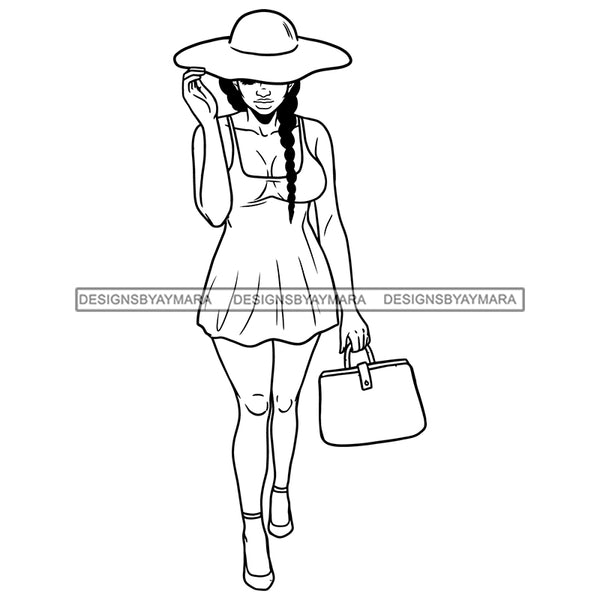 Black Girl Magic Walking Modern Short Dress Big Hat Purse Trendy Style B/W SVG JPG PNG Vector Clipart Cricut Silhouette Cut Cutting