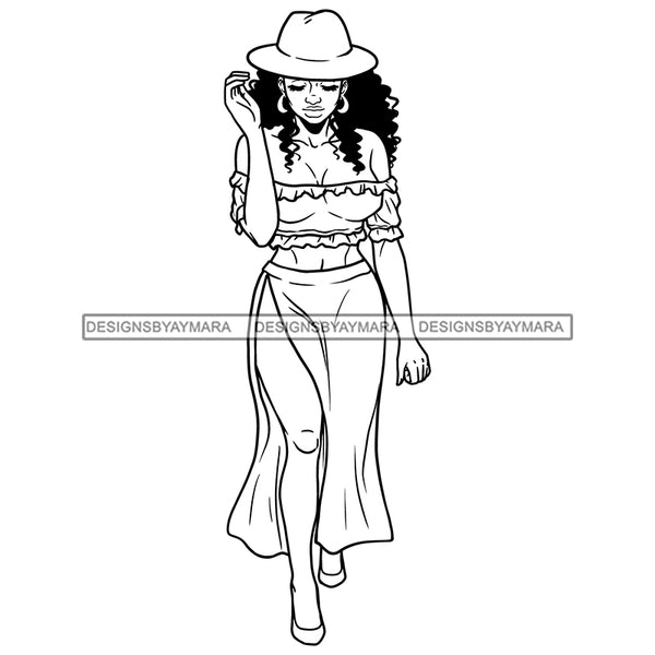 Black Girl Magic Walking Tropical Two Pieces Outfit Bamboo Hoop Earrings B/W SVG JPG PNG Vector Clipart Cricut Silhouette Cut Cutting