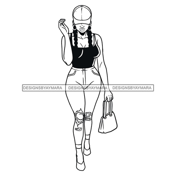 Black Girl Magic Walking Modern Baseball Hat Purse Fashion Style B/W SVG JPG PNG Vector Clipart Cricut Silhouette Cut Cutting