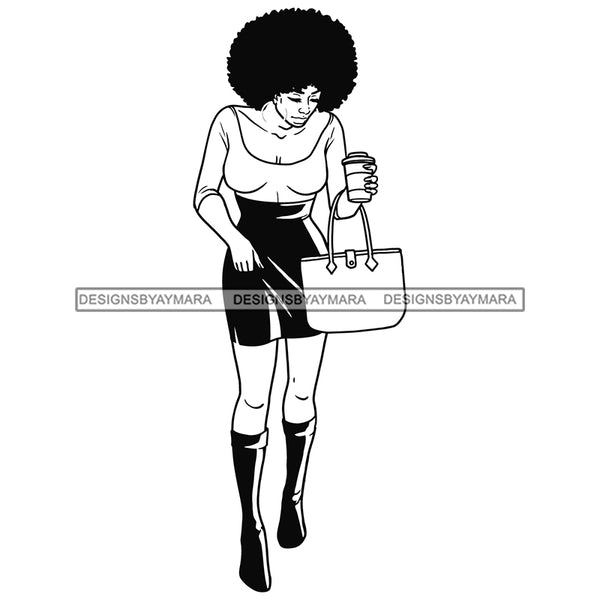 Black Girl Magic Sexy Outfit Holding Coffee Cup Puffy Afro Hair B/W SVG JPG PNG Vector Clipart Cricut Silhouette Cut Cutting