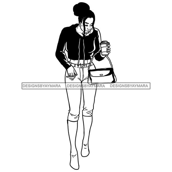 Black Girl Magic Cute Outfit Holding Coffee Cup Purse Updo Hairstyle B/W SVG JPG PNG Vector Clipart Cricut Silhouette Cut Cutting