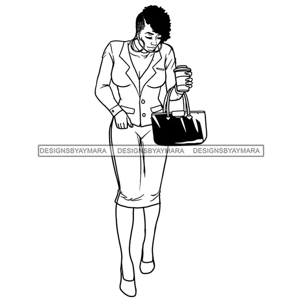 Black Girl Magic Professional Outfit Holding Coffee Cup Purse Short Hairstyle B/W SVG JPG PNG Vector Clipart Cricut Silhouette Cut Cutting