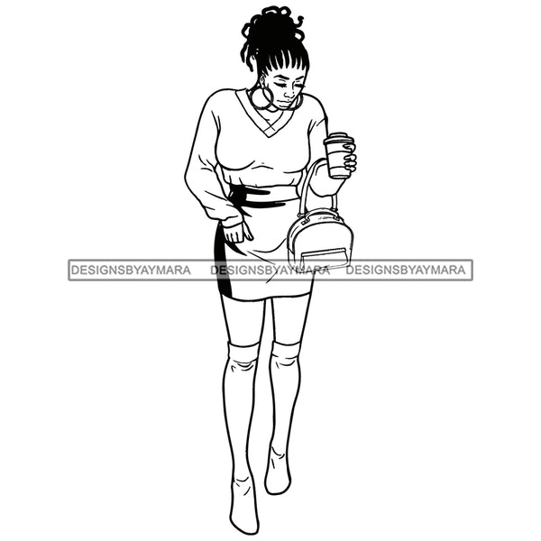 Black Girl Magic Modern Outfit Holding Coffee Cup Purse Updo Braids Hairstyle B/W SVG JPG PNG Vector Clipart Cricut Silhouette Cut Cutting